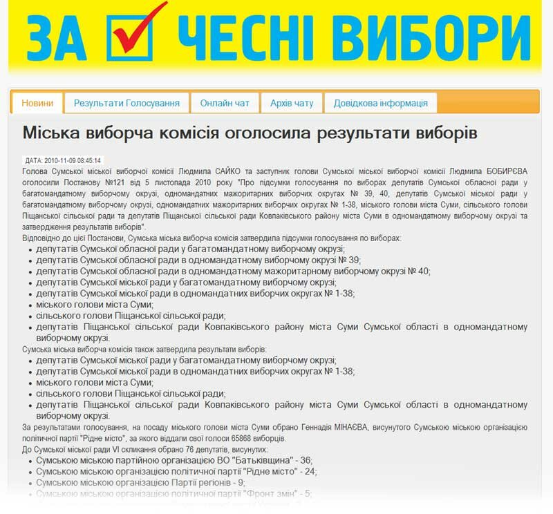 Альтернативные результаты голосования в Сумах 2010 - vybory.sumy.ua
