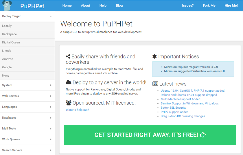 puphpet.com - онлайн GUI конфигуратор создания виртуальной машины
